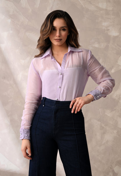 SHEER ORGANZA BUTTON - DOWN SHIRT WITH FLORAL LACE CUFFS AND MATCHING A INNER