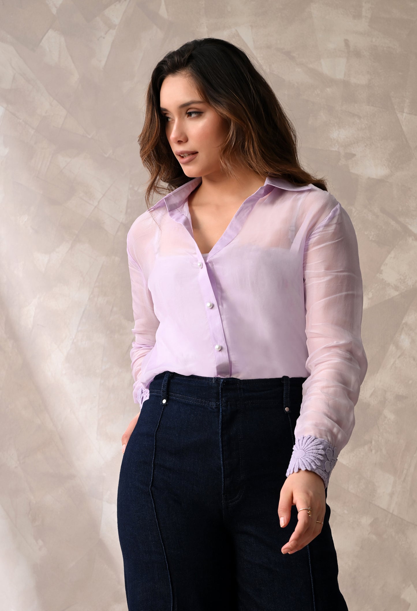 SHEER ORGANZA BUTTON - DOWN SHIRT WITH FLORAL LACE CUFFS AND MATCHING A INNER