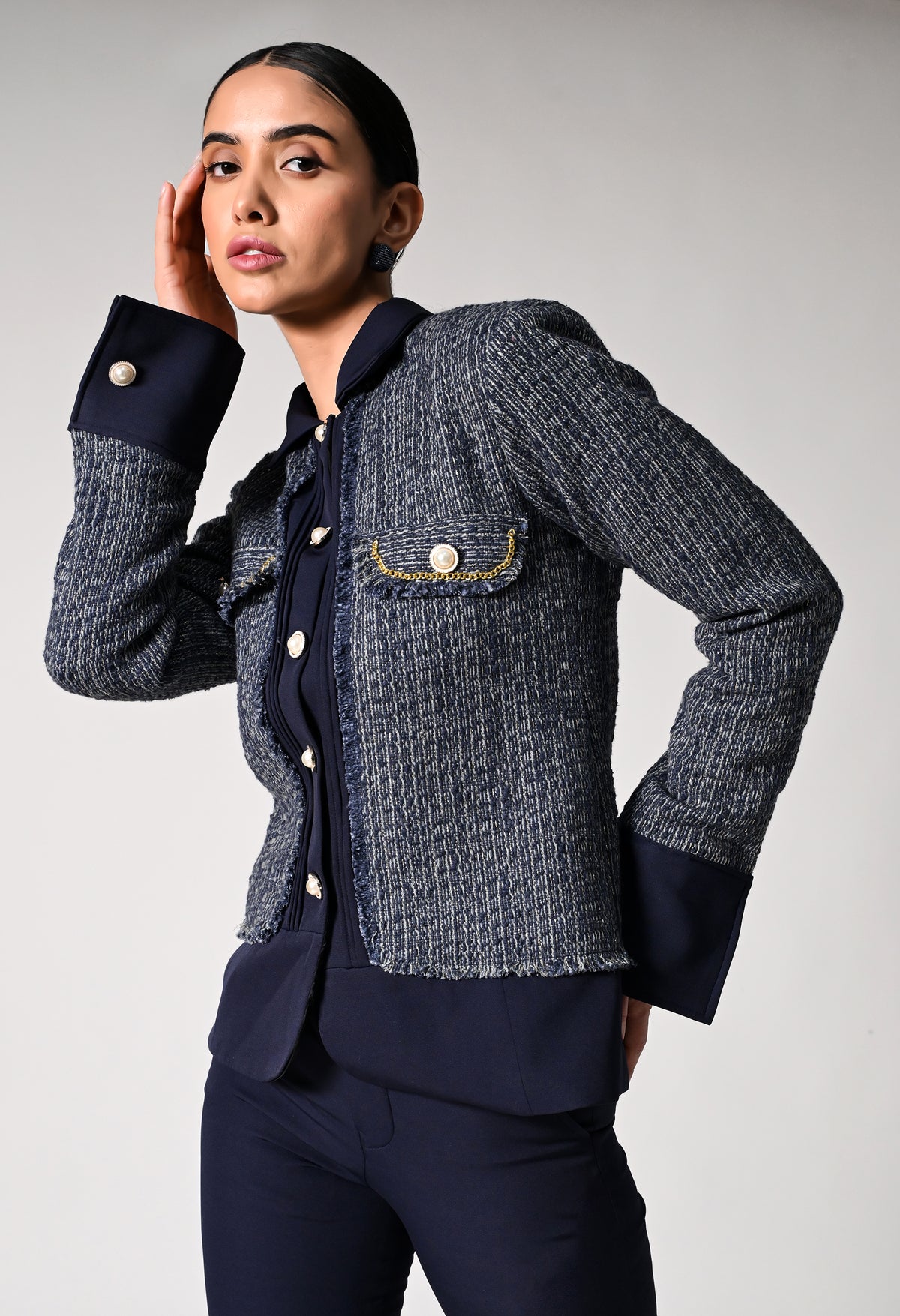 Blue Crepe and Tweed Co-ord set