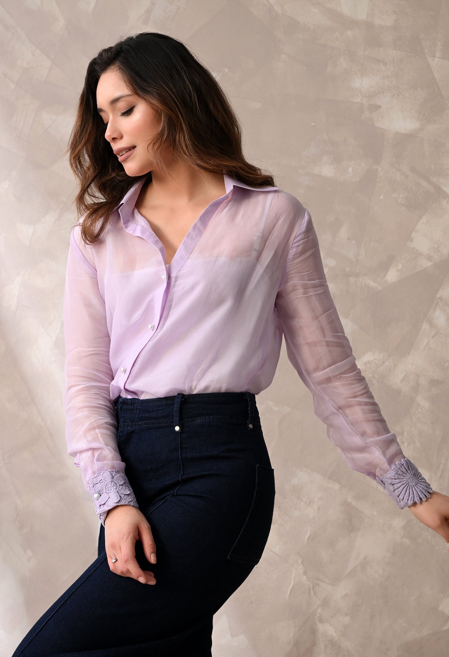 SHEER ORGANZA BUTTON - DOWN SHIRT WITH FLORAL LACE CUFFS AND MATCHING A INNER