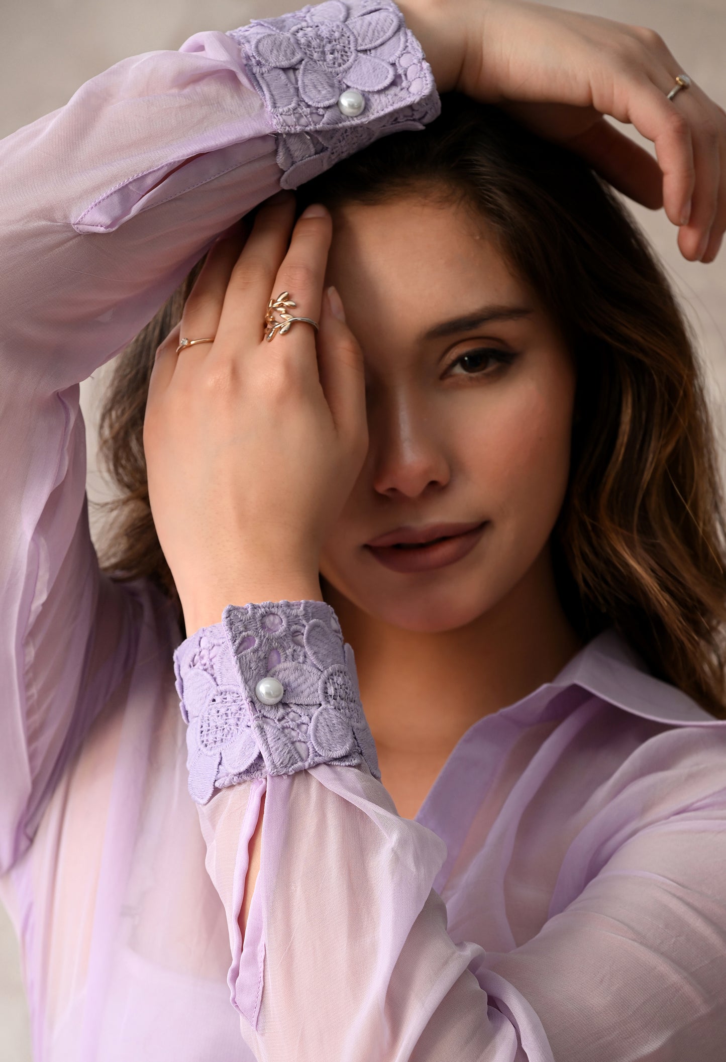 SHEER ORGANZA BUTTON - DOWN SHIRT WITH FLORAL LACE CUFFS AND MATCHING A INNER