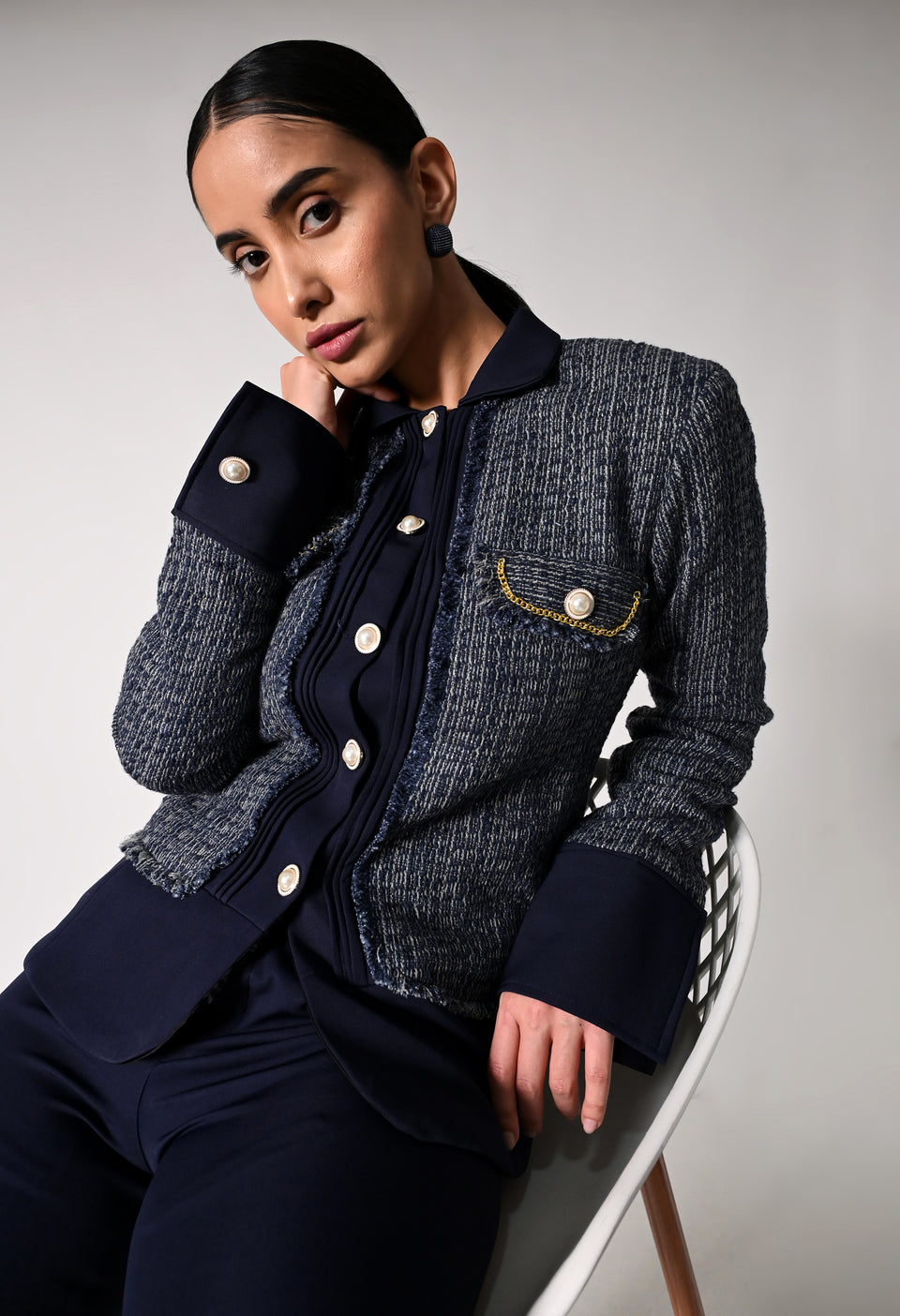 Blue Crepe and Tweed Co-ord set