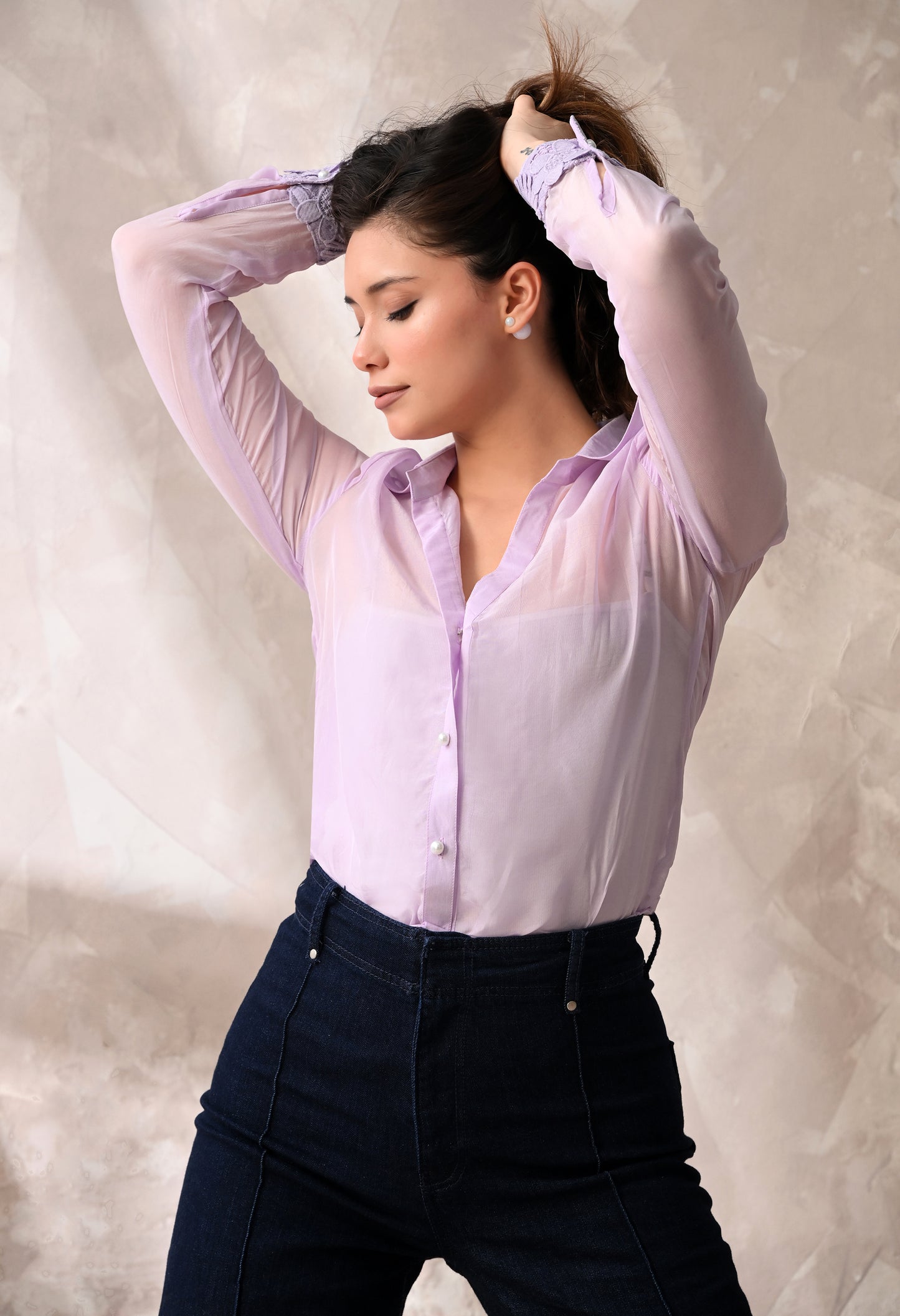 SHEER ORGANZA BUTTON - DOWN SHIRT WITH FLORAL LACE CUFFS AND MATCHING A INNER