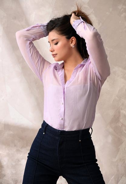 SHEER ORGANZA BUTTON - DOWN SHIRT WITH FLORAL LACE CUFFS AND MATCHING A INNER