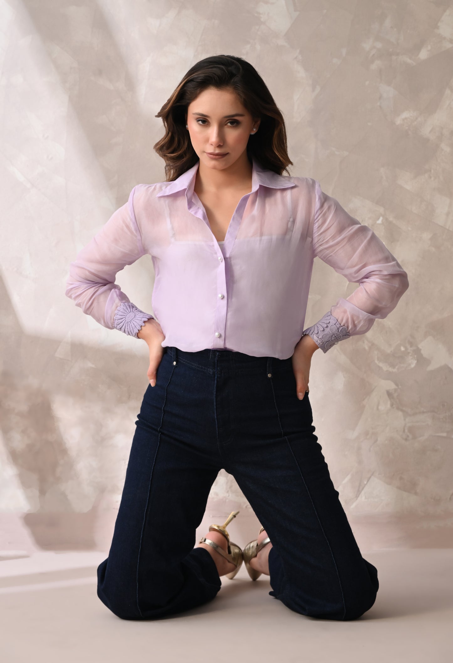 SHEER ORGANZA BUTTON - DOWN SHIRT WITH FLORAL LACE CUFFS AND MATCHING A INNER