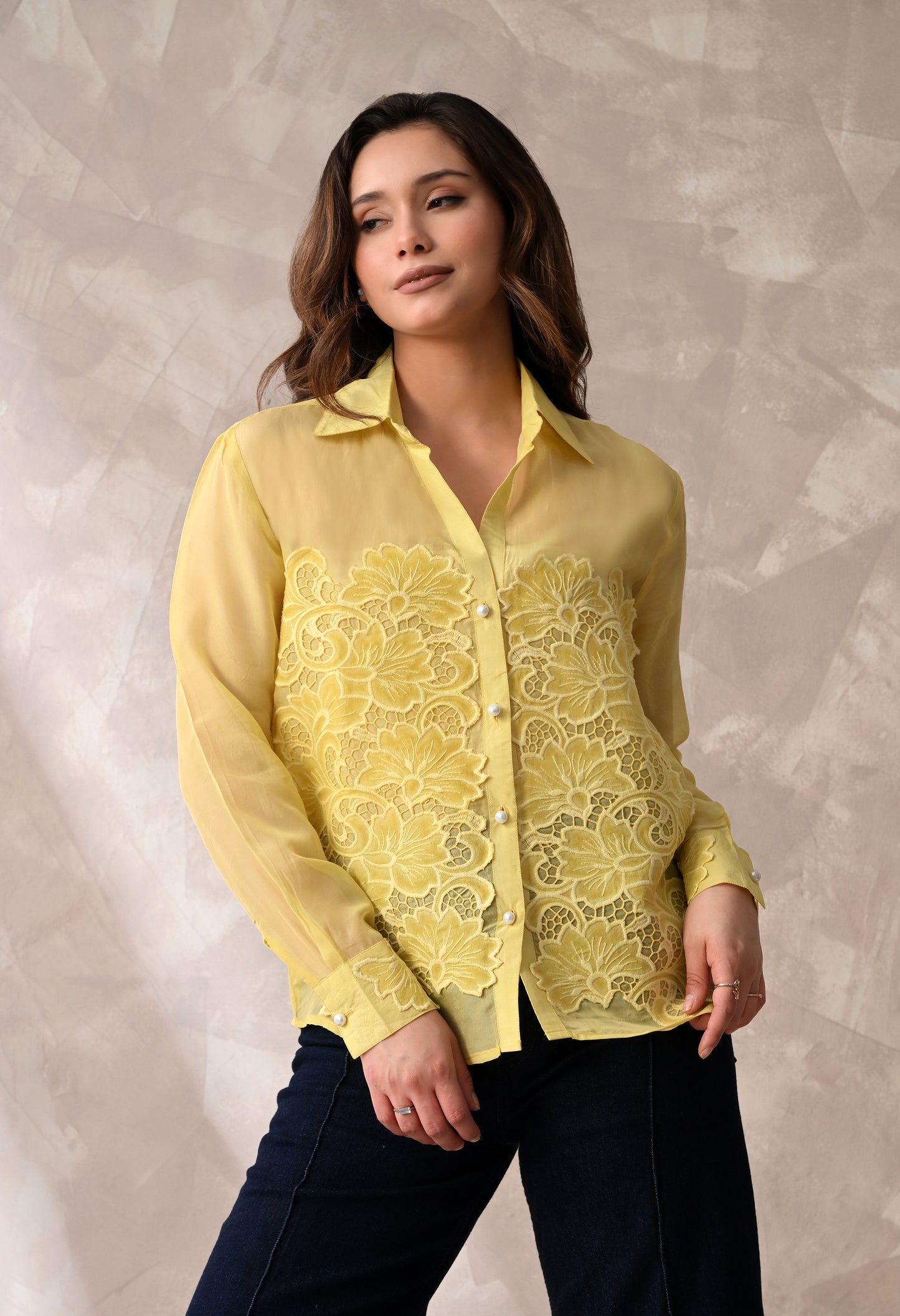 LEMON YELLOW SHEER SHIRT WITH FLORAL APPLIQUE