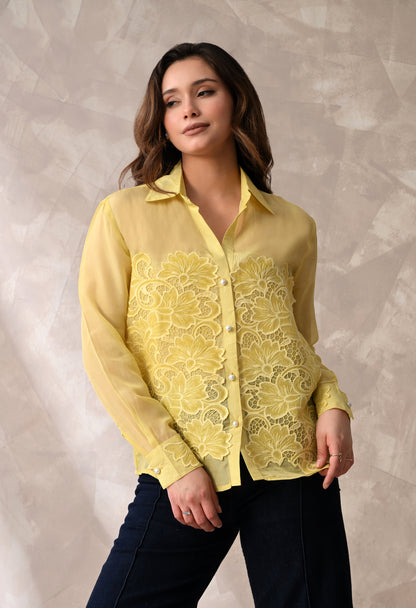 LEMON YELLOW SHEER SHIRT WITH FLORAL APPLIQUE