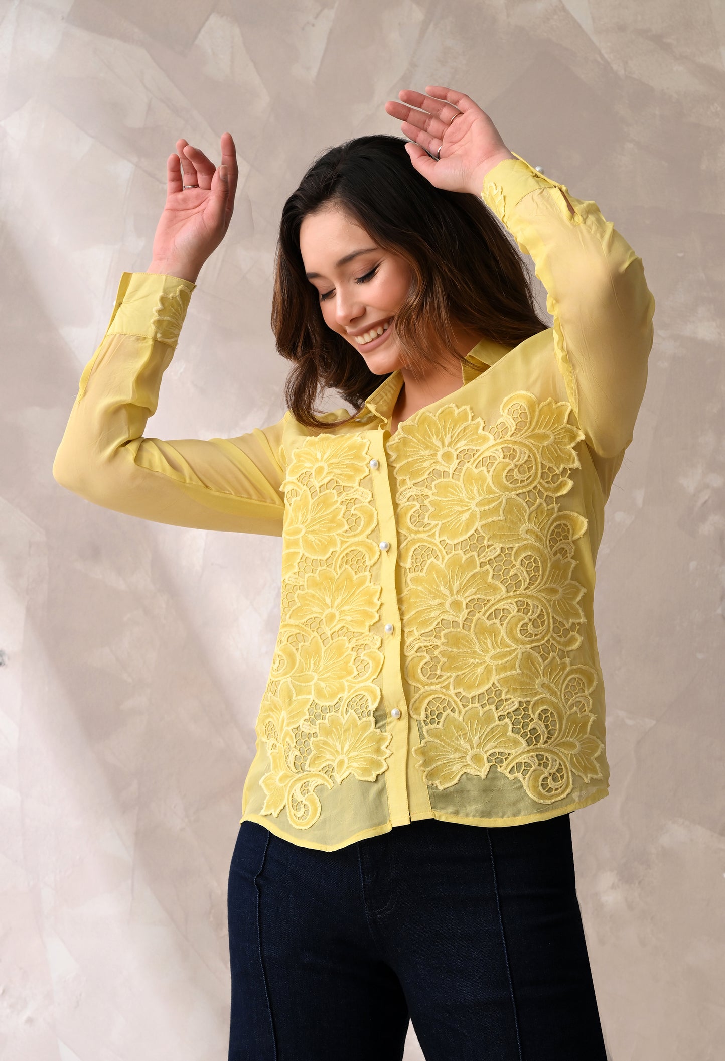 LEMON YELLOW SHEER SHIRT WITH FLORAL APPLIQUE
