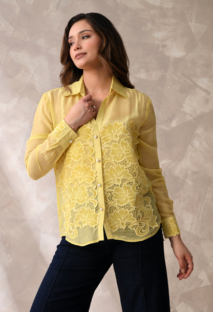 LEMON YELLOW SHEER SHIRT WITH FLORAL APPLIQUE