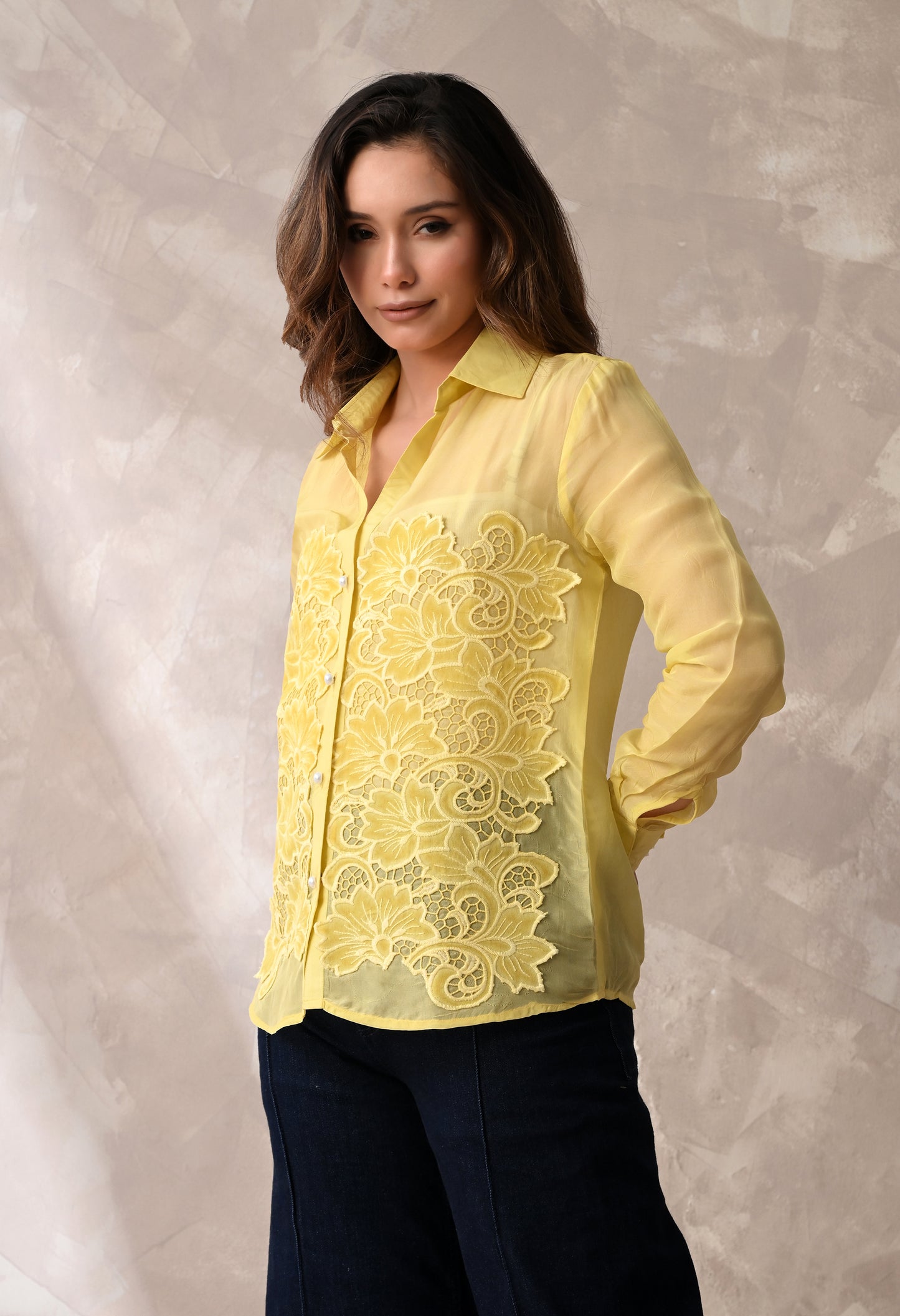 LEMON YELLOW SHEER SHIRT WITH FLORAL APPLIQUE