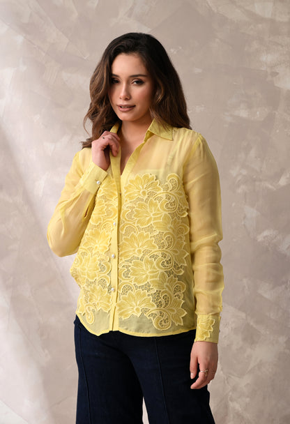 LEMON YELLOW SHEER SHIRT WITH FLORAL APPLIQUE