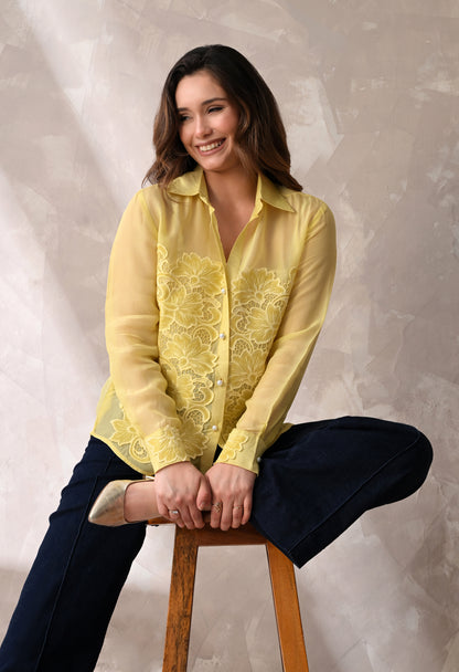 LEMON YELLOW SHEER SHIRT WITH FLORAL APPLIQUE