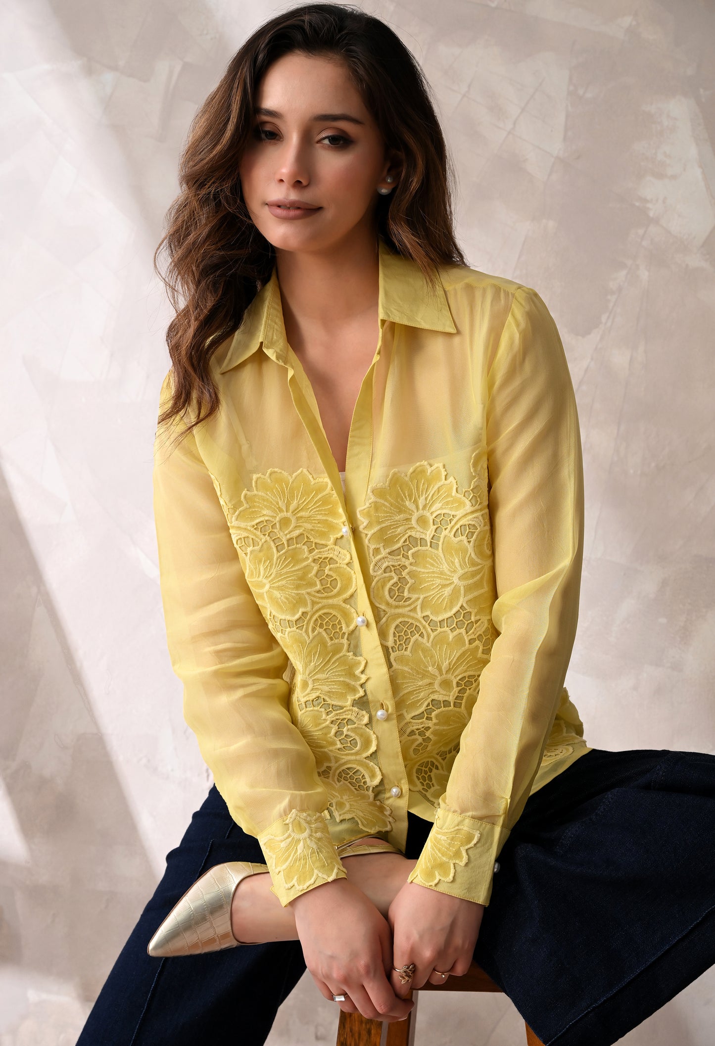 LEMON YELLOW SHEER SHIRT WITH FLORAL APPLIQUE