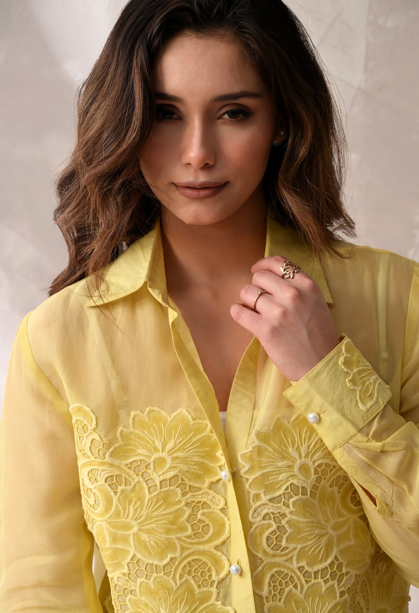 LEMON YELLOW SHEER SHIRT WITH FLORAL APPLIQUE
