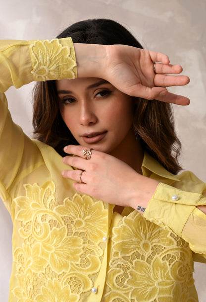LEMON YELLOW SHEER SHIRT WITH FLORAL APPLIQUE