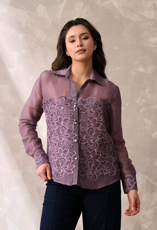 MAUVE SHEER SHIRT WITH FLORAL APPLIQUE AND A MATCHING INNER