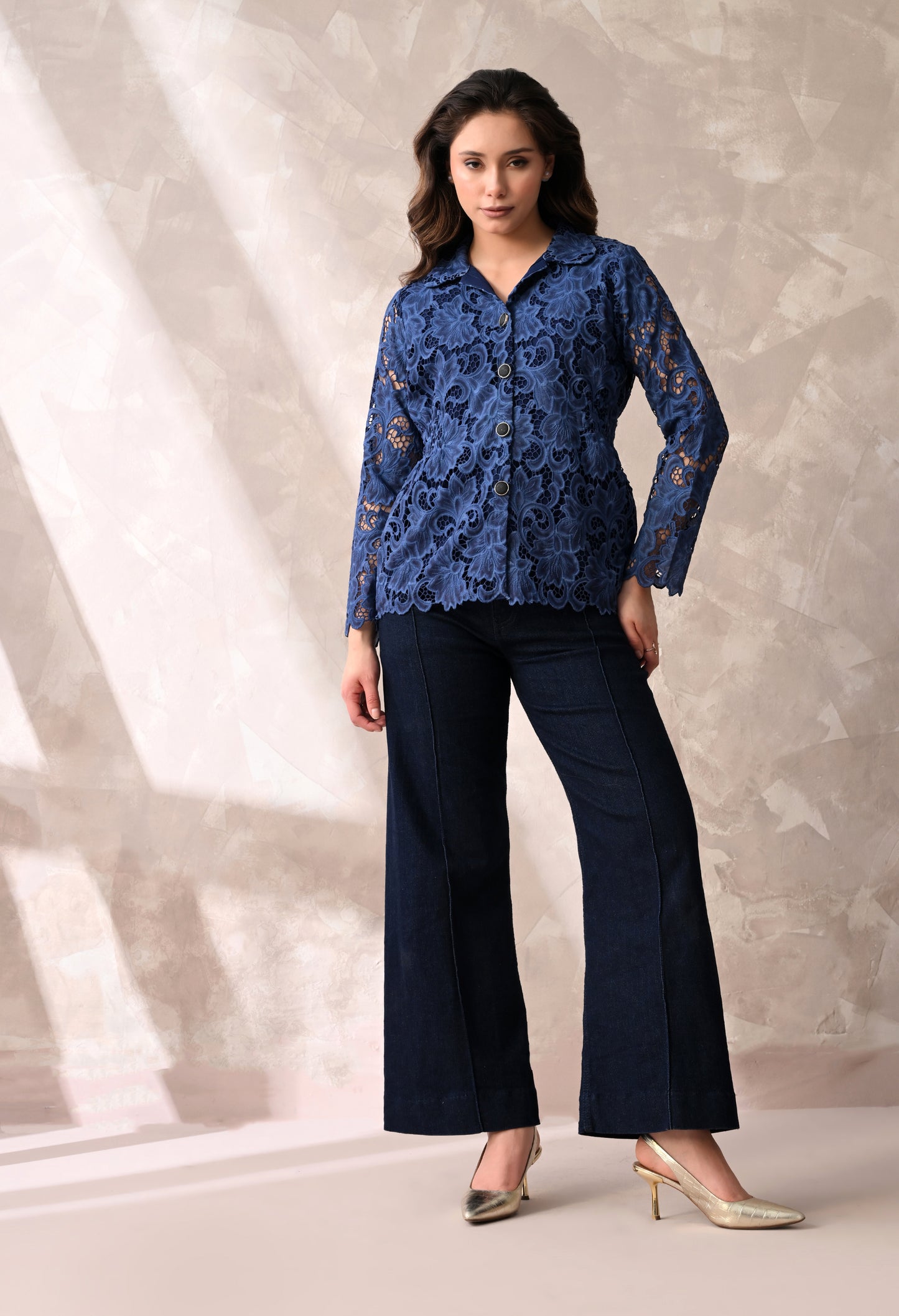 SMOCKED WAIST FLORAL LACE BUTTON DOWN SHIRT