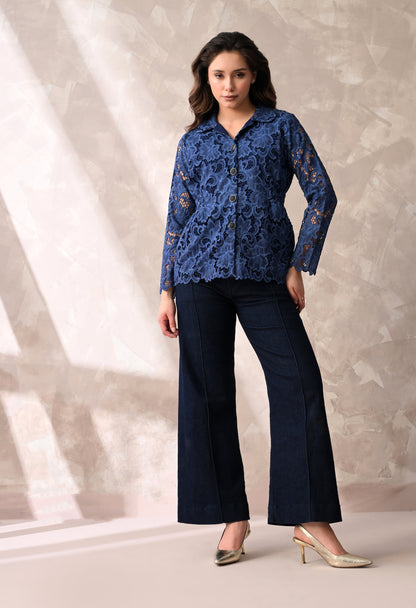 SMOCKED WAIST FLORAL LACE BUTTON DOWN SHIRT