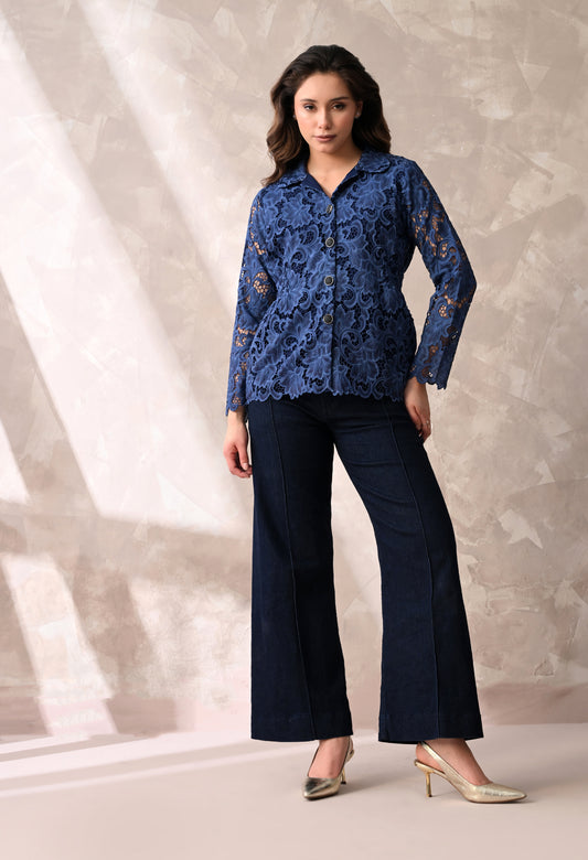 SMOCKED WAIST FLORAL LACE BUTTON DOWN SHIRT