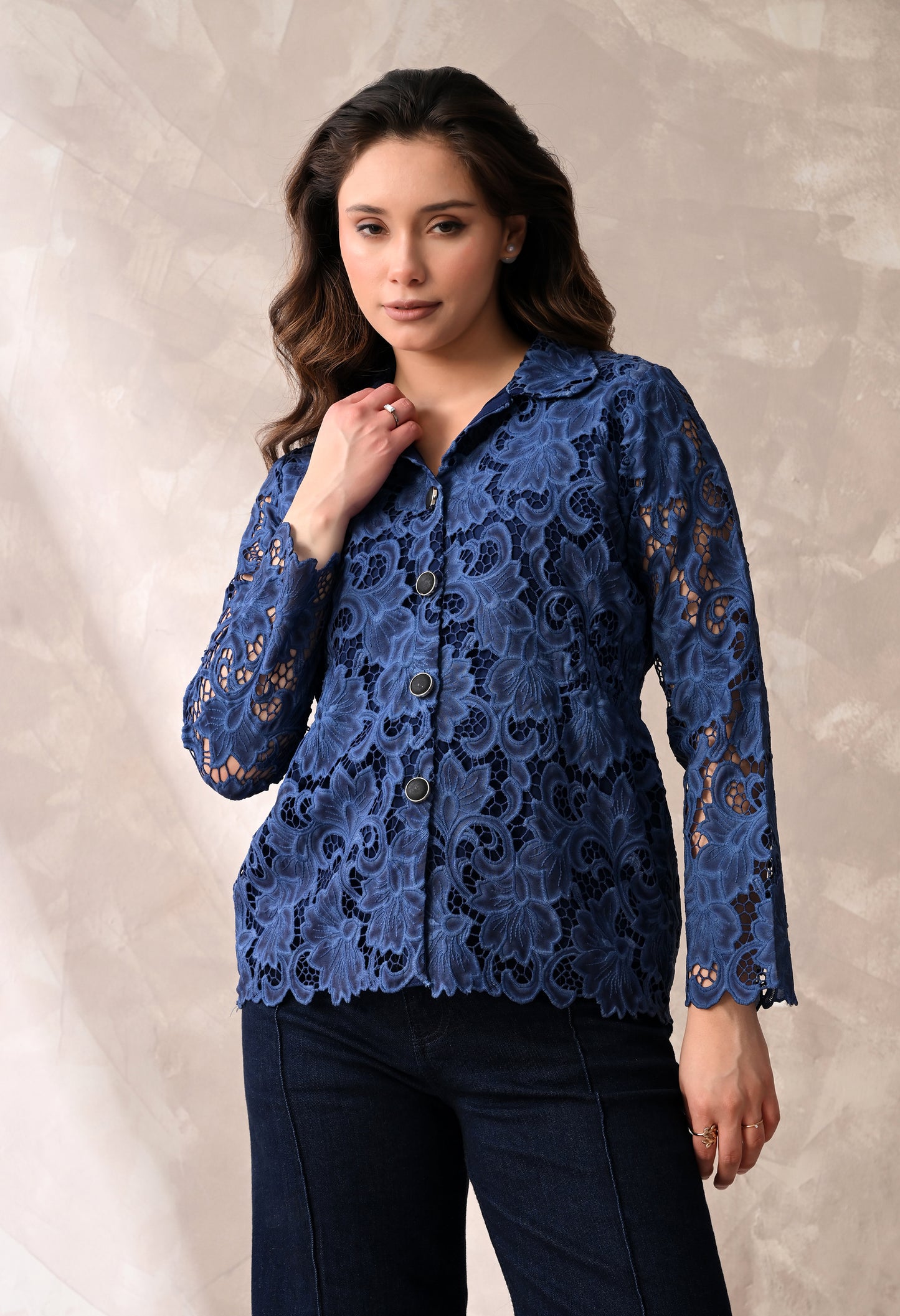 SMOCKED WAIST FLORAL LACE BUTTON DOWN SHIRT