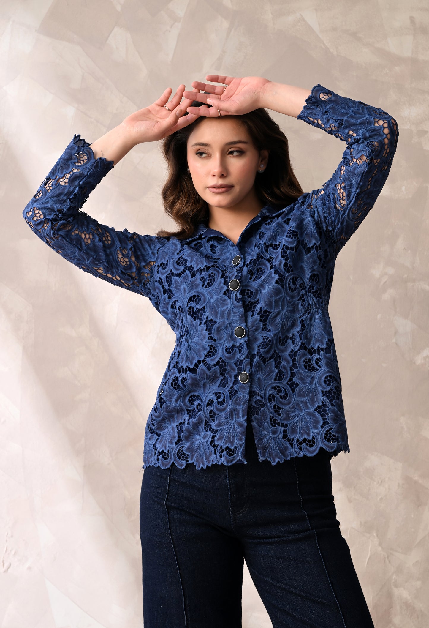 SMOCKED WAIST FLORAL LACE BUTTON DOWN SHIRT