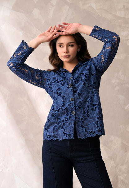 SMOCKED WAIST FLORAL LACE BUTTON DOWN SHIRT