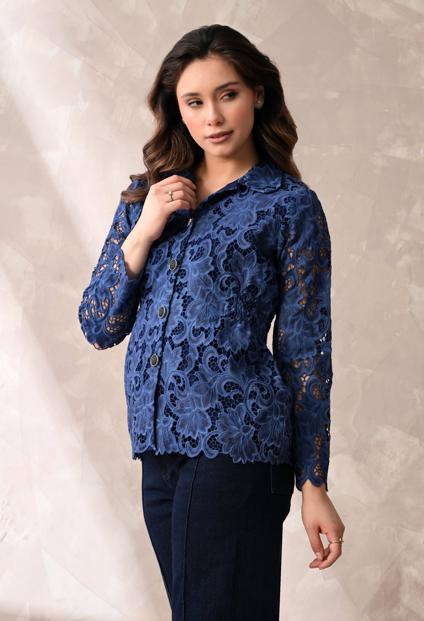 SMOCKED WAIST FLORAL LACE BUTTON DOWN SHIRT