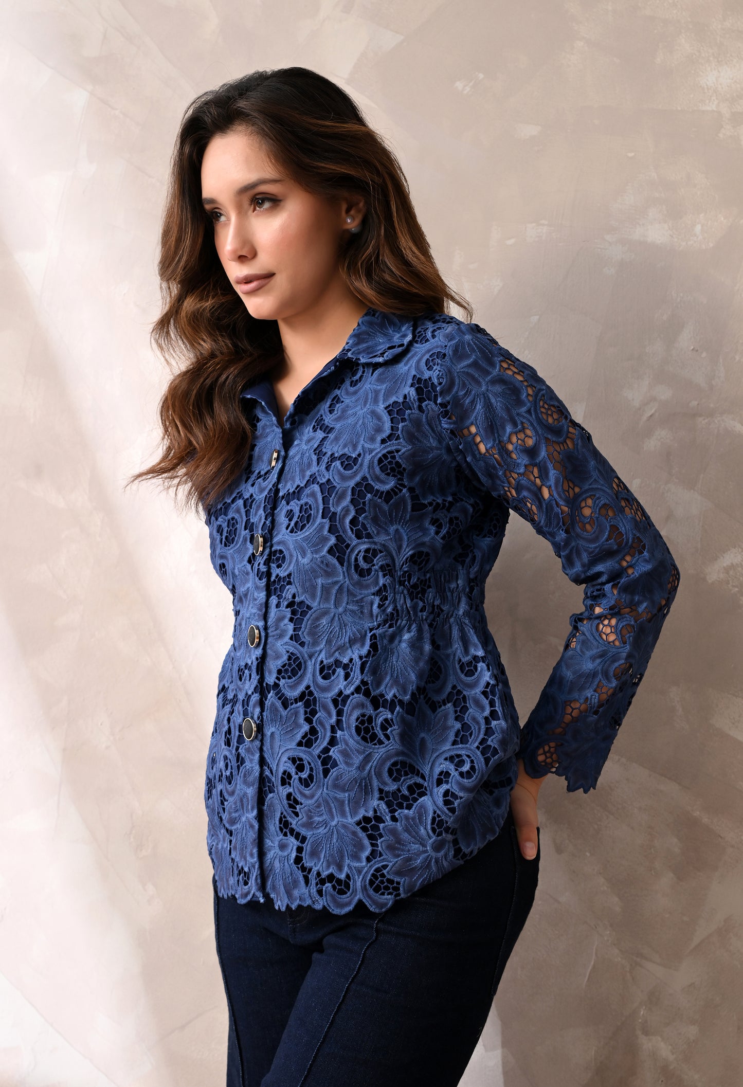 SMOCKED WAIST FLORAL LACE BUTTON DOWN SHIRT