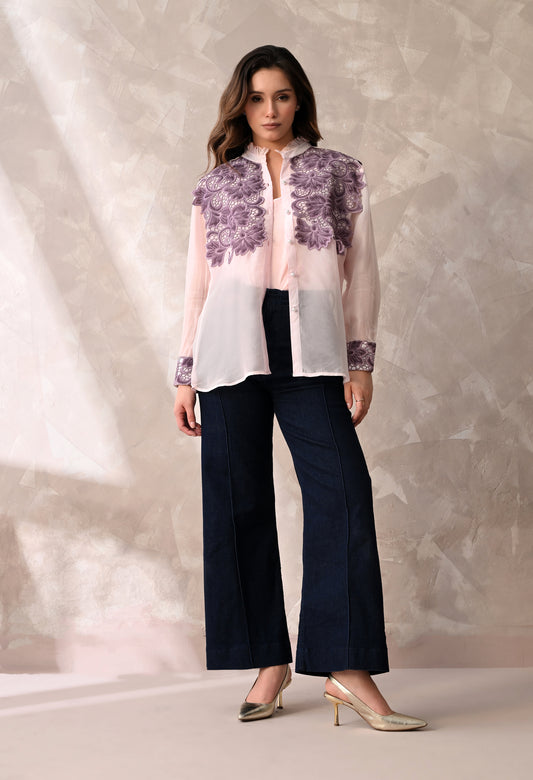 Blush Pink Sheer Shirt with Mauve Floral Appliqué & Matching Inner