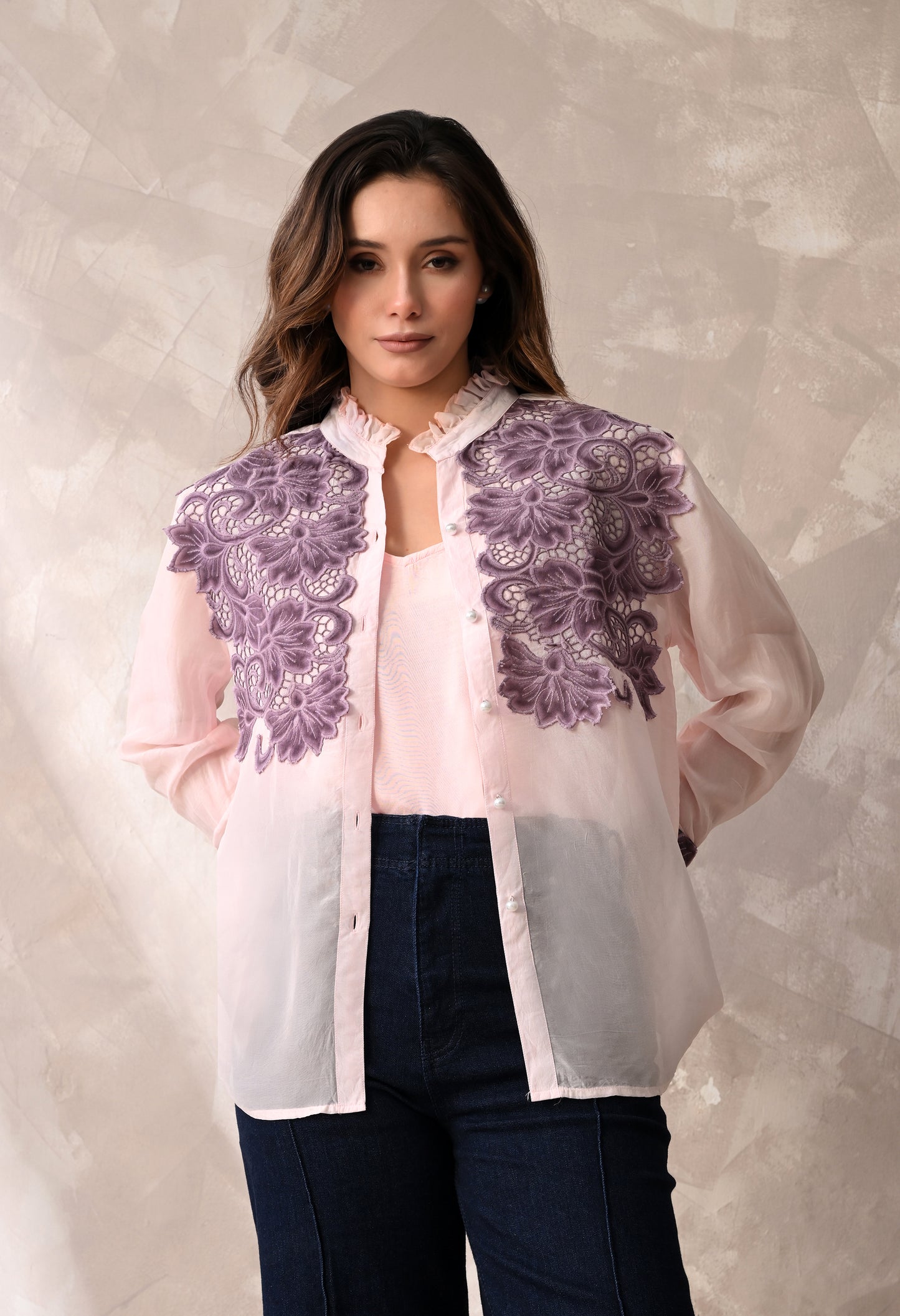 Blush Pink Sheer Shirt with Mauve Floral Appliqué & Matching Inner