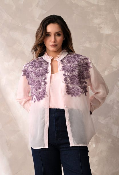 Blush Pink Sheer Shirt with Mauve Floral Appliqué & Matching Inner