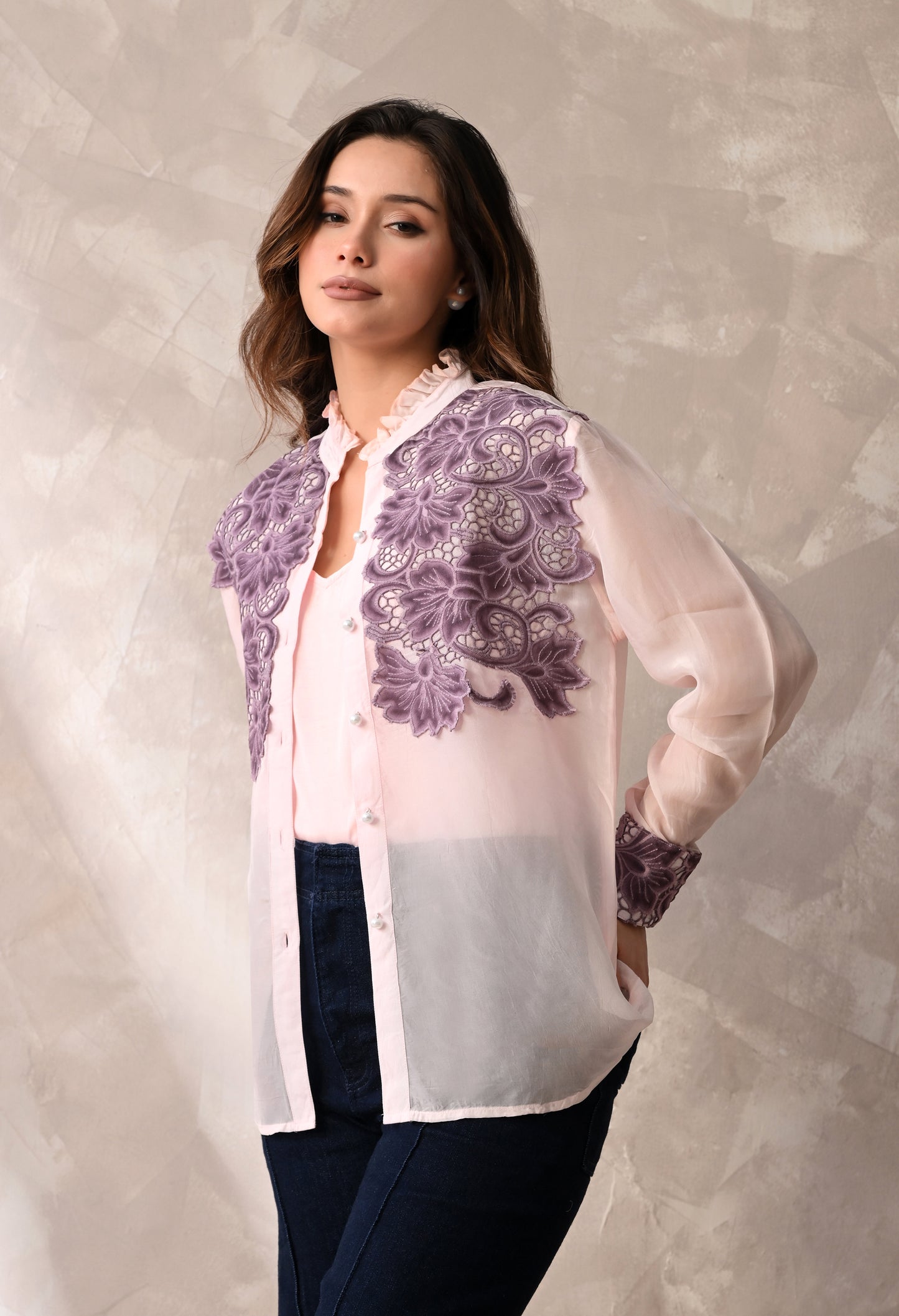 Blush Pink Sheer Shirt with Mauve Floral Appliqué & Matching Inner