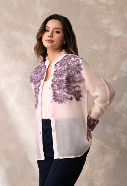 Blush Pink Sheer Shirt with Mauve Floral Appliqué & Matching Inner