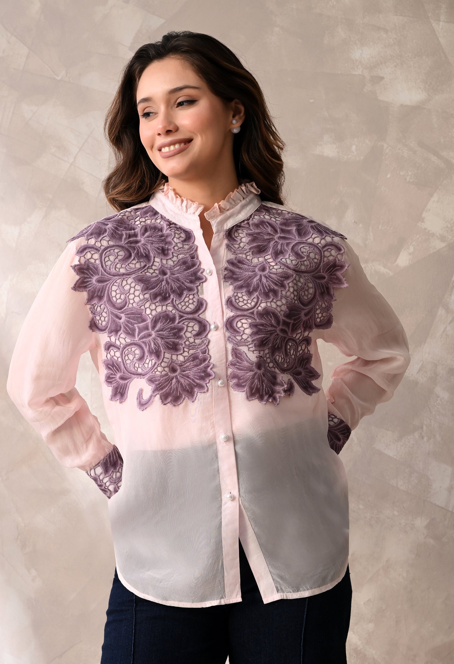 Blush Pink Sheer Shirt with Mauve Floral Appliqué & Matching Inner