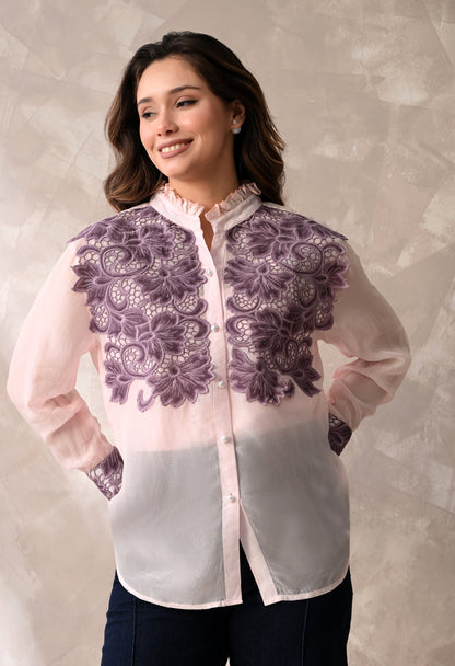 Blush Pink Sheer Shirt with Mauve Floral Appliqué & Matching Inner