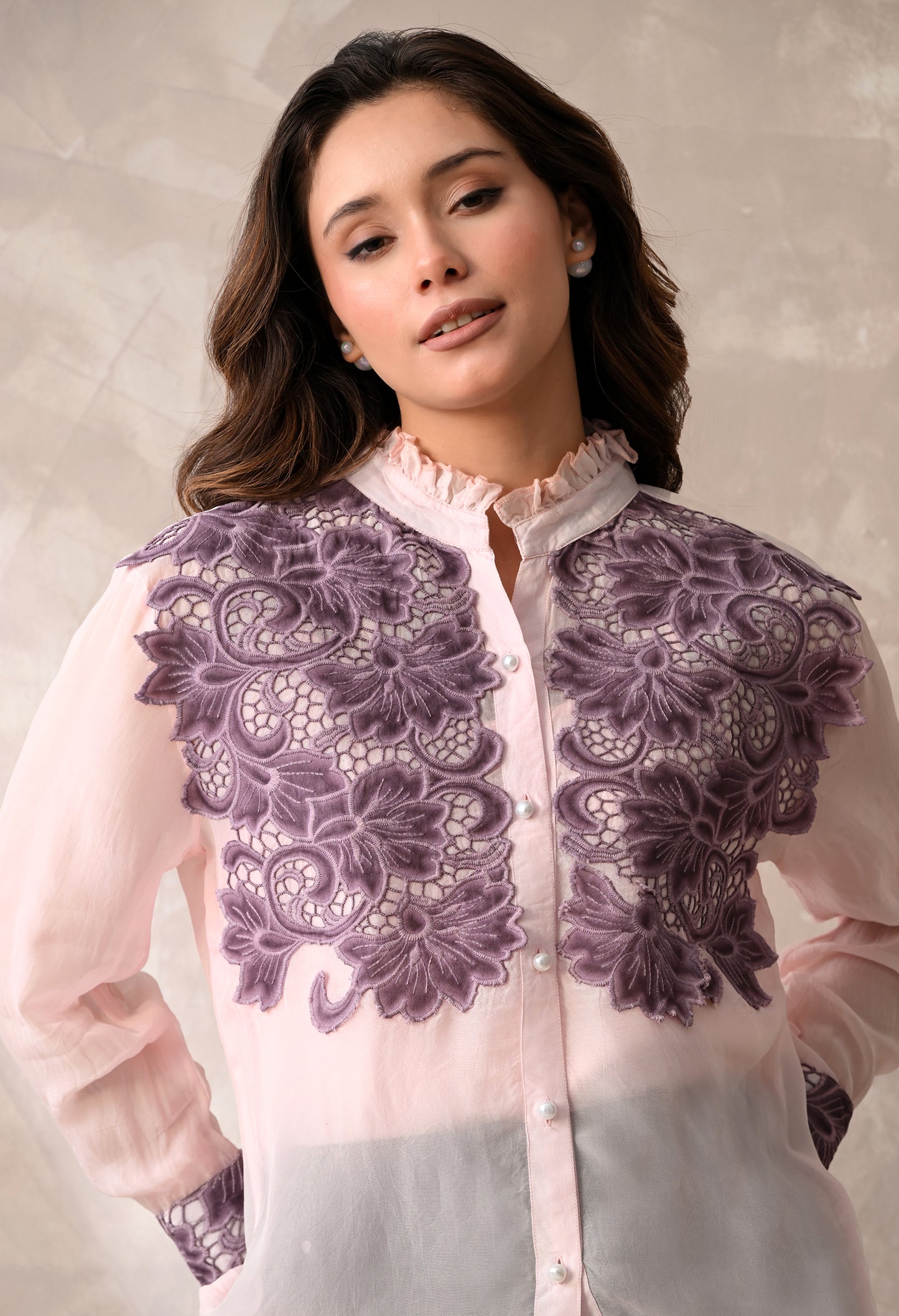 Blush Pink Sheer Shirt with Mauve Floral Appliqué & Matching Inner