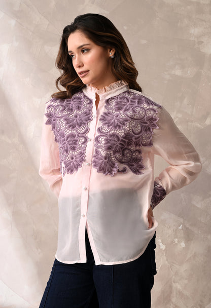 Blush Pink Sheer Shirt with Mauve Floral Appliqué & Matching Inner