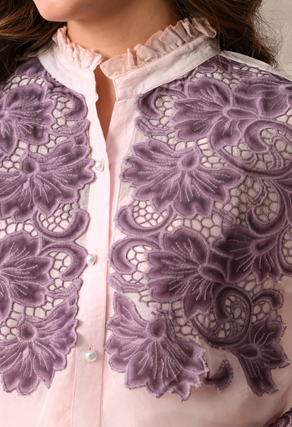 Blush Pink Sheer Shirt with Mauve Floral Appliqué & Matching Inner