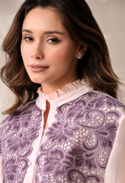 Blush Pink Sheer Shirt with Mauve Floral Appliqué & Matching Inner