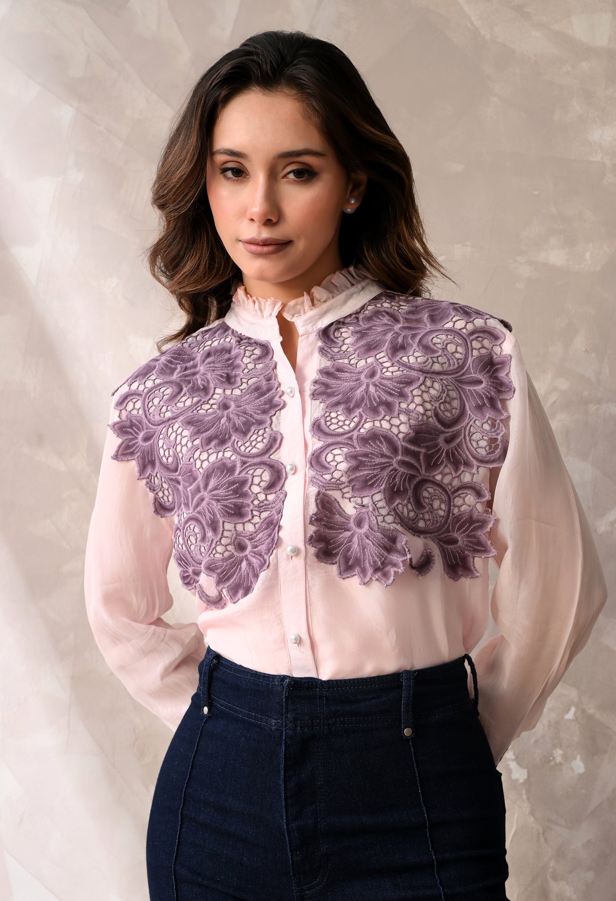 Blush Pink Sheer Shirt with Mauve Floral Appliqué & Matching Inner