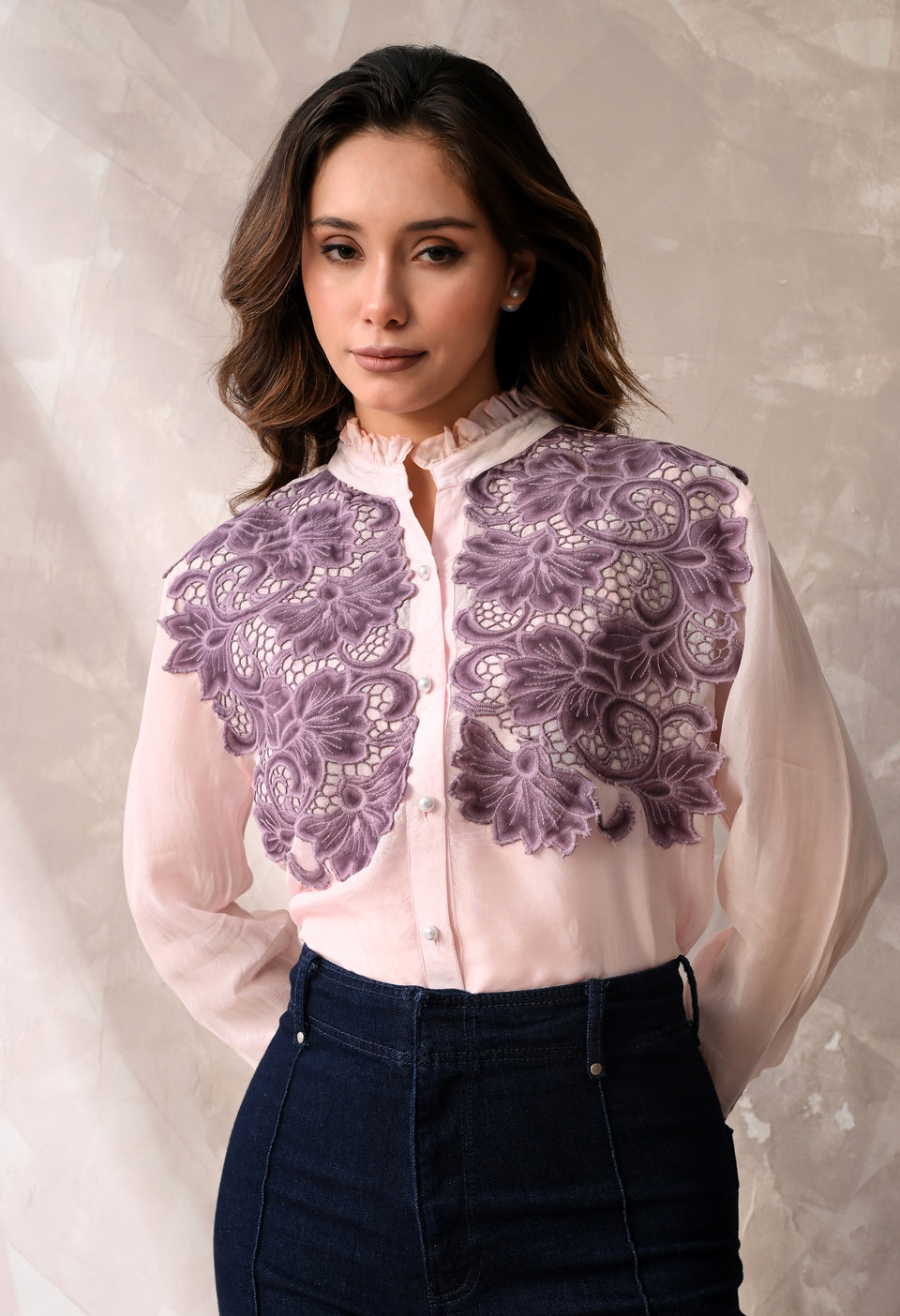 Blush Pink Sheer Shirt with Mauve Floral Appliqué & Matching Inner