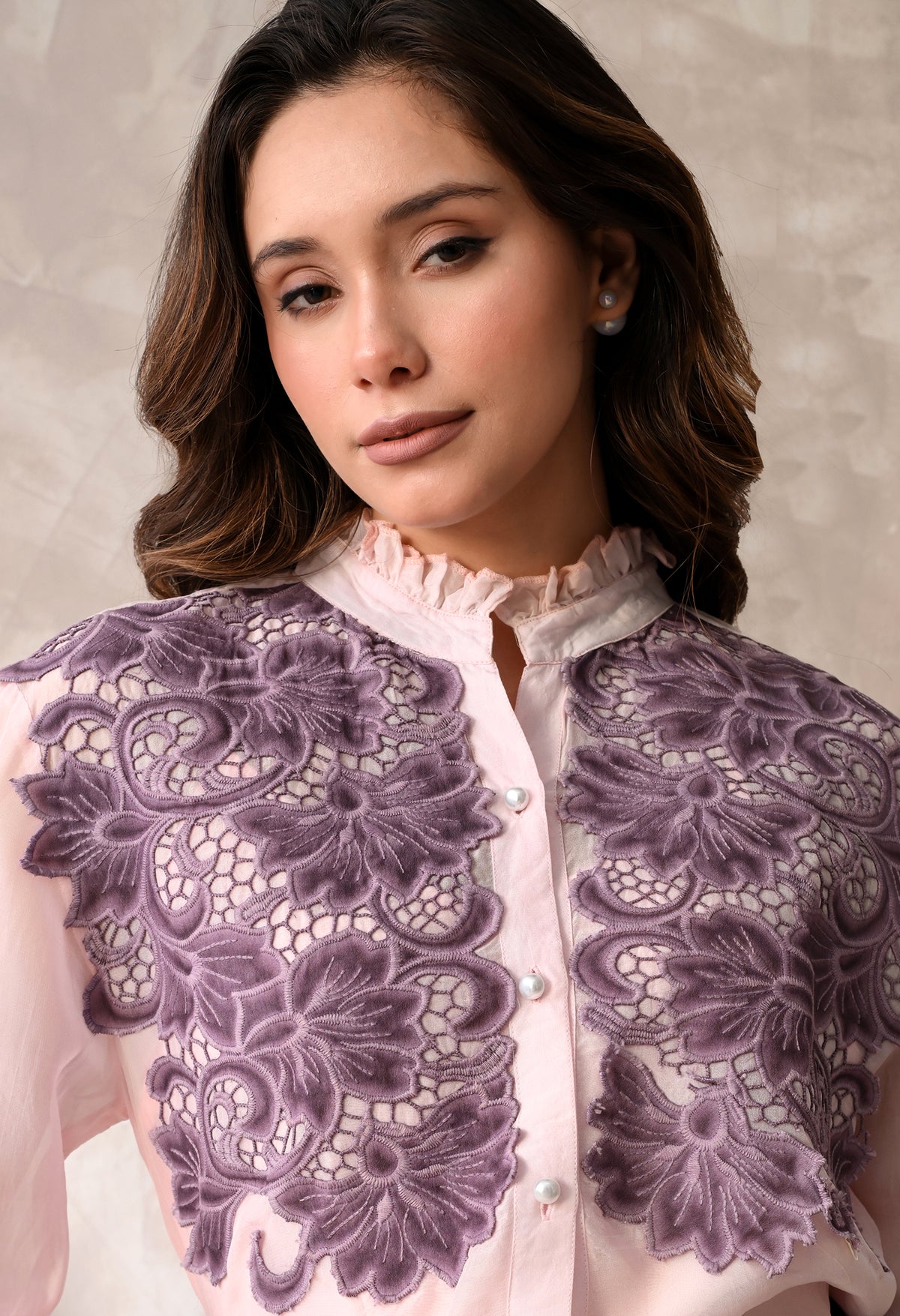 Blush Pink Sheer Shirt with Mauve Floral Appliqué & Matching Inner