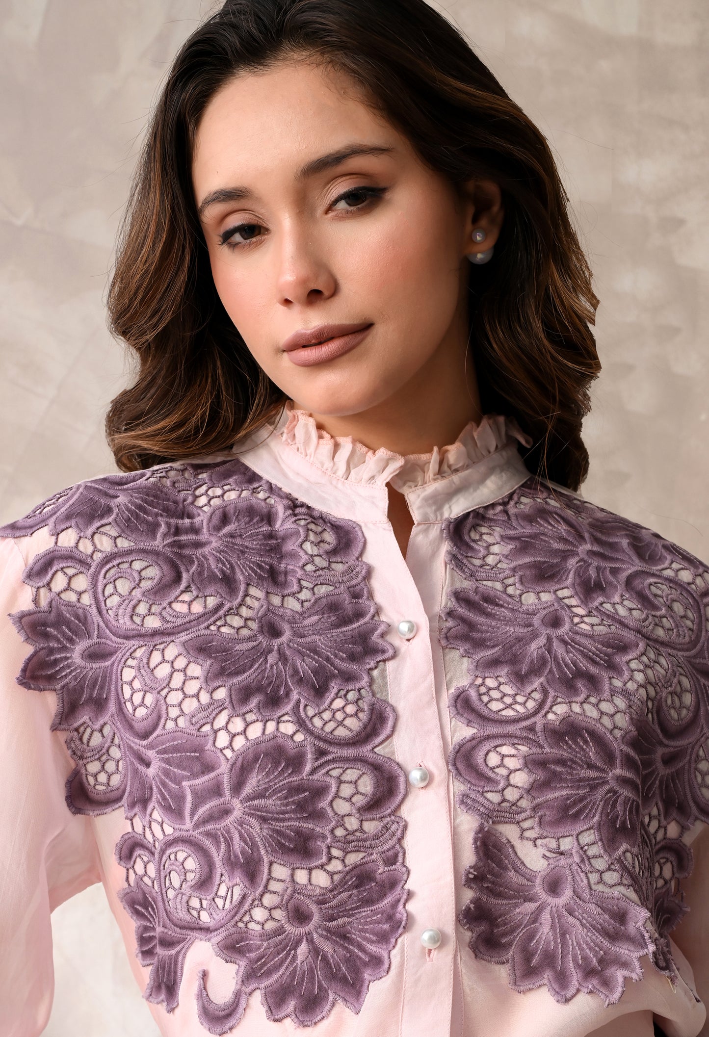 Blush Pink Sheer Shirt with Mauve Floral Appliqué & Matching Inner