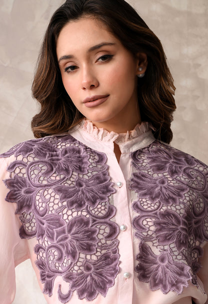 Blush Pink Sheer Shirt with Mauve Floral Appliqué & Matching Inner