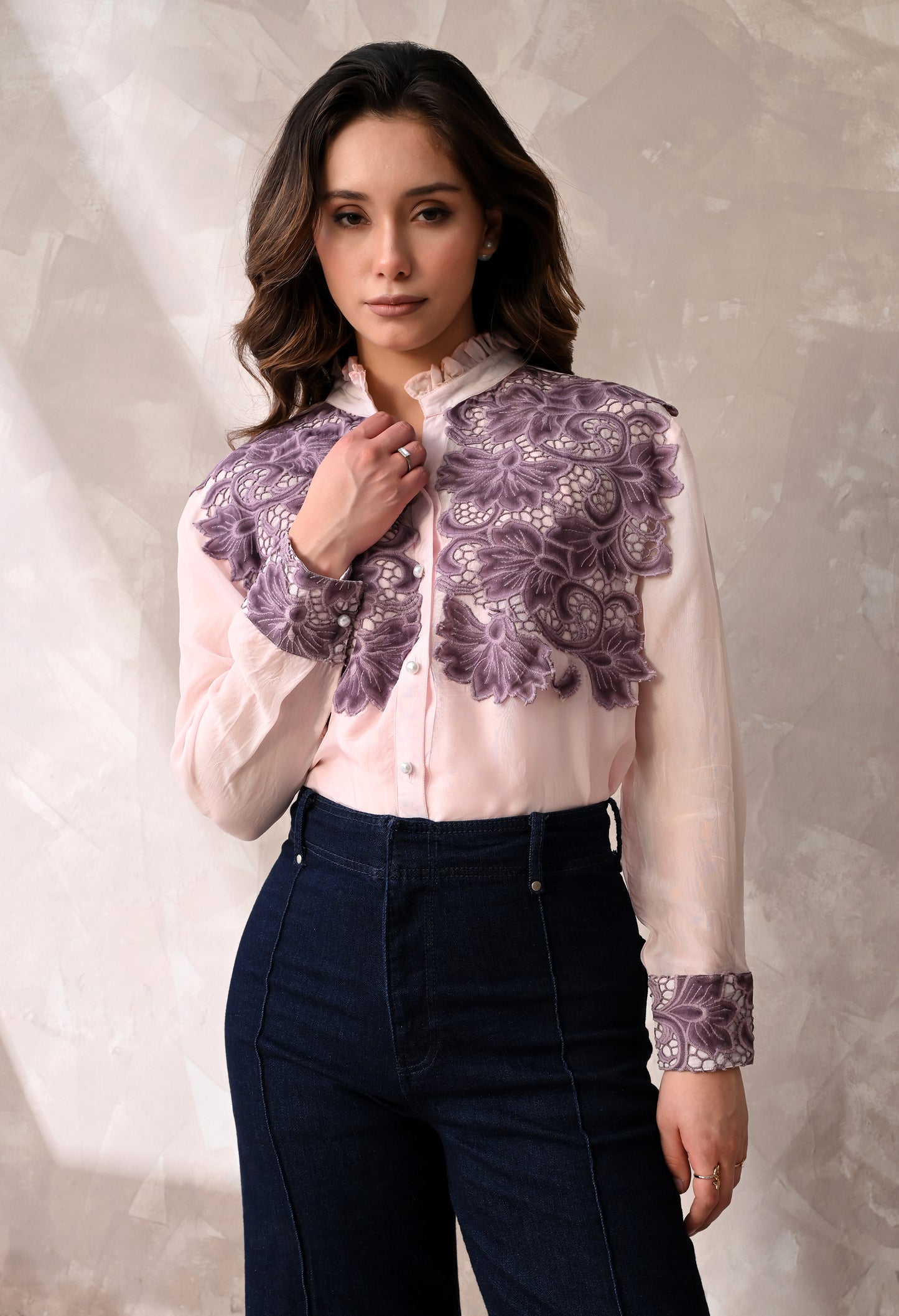Blush Pink Sheer Shirt with Mauve Floral Appliqué & Matching Inner