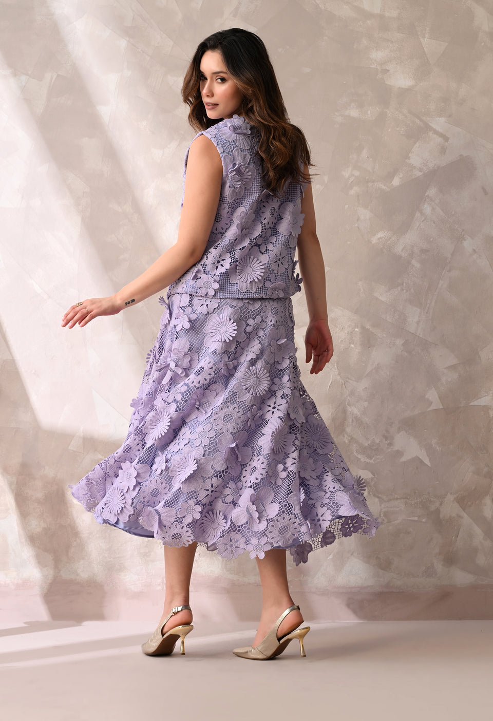 Lilac floral lace sleeveless jacket & midi skirt set
