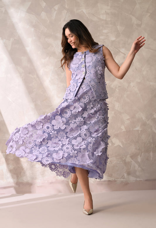 Lilac floral lace sleeveless jacket & midi skirt set