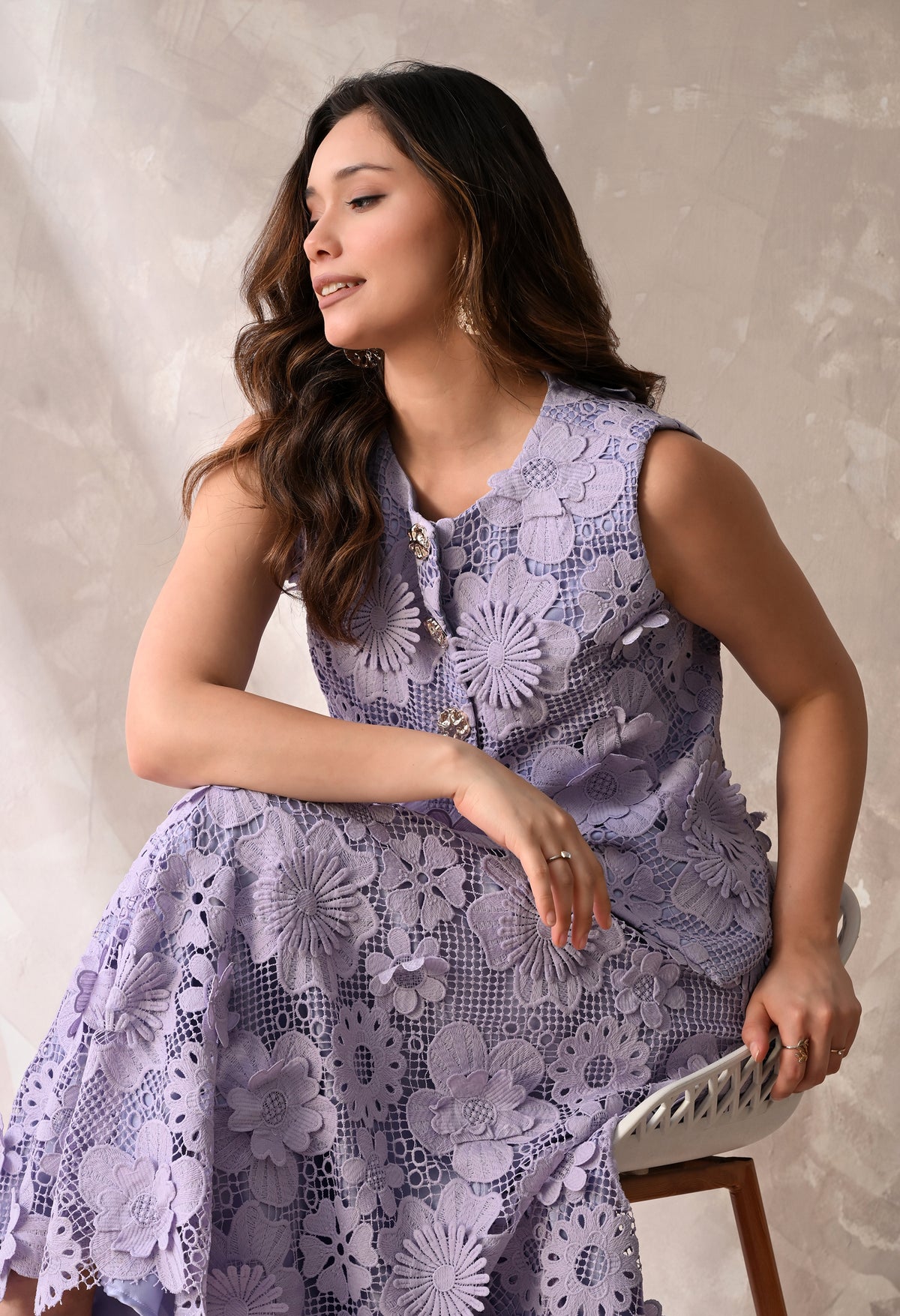 Lilac floral lace sleeveless jacket & midi skirt set
