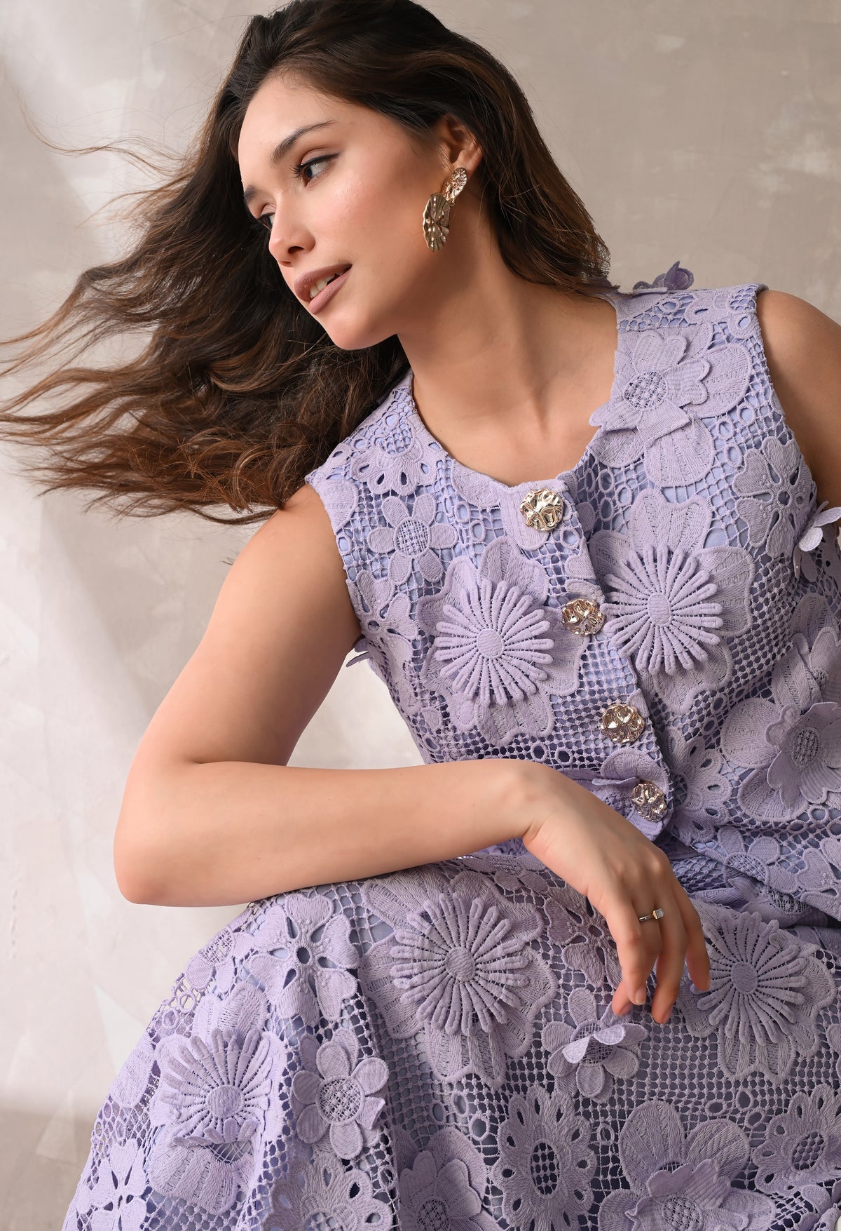 Lilac floral lace sleeveless jacket & midi skirt set