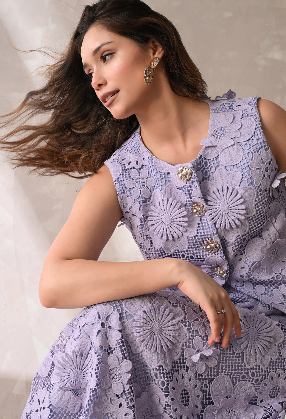 Lilac floral lace sleeveless jacket & midi skirt set